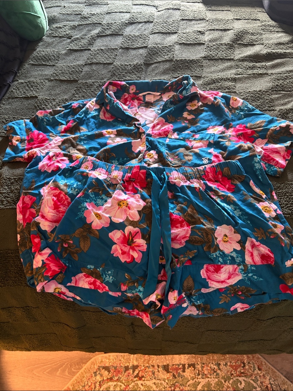 Victoria's Secret Teal Button-Down Shirt with Pink Floral Print